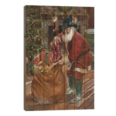 New Boots for Christmas Print On Wood by Jack Sorenson - Multi-Color