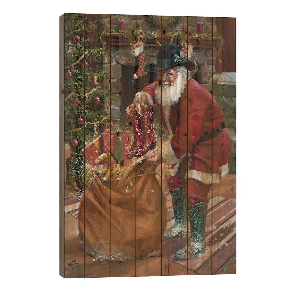 New Boots for Christmas Print On Wood by Jack Sorenson - Multi-Color