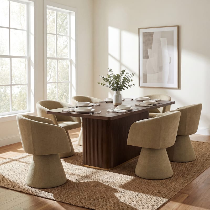 Christopher Knight Home - Melville 7-Piece Upholstered Swivel Dining Set with 84" Rectangular Pillar Base Dining Table - Walnut+Moss Green