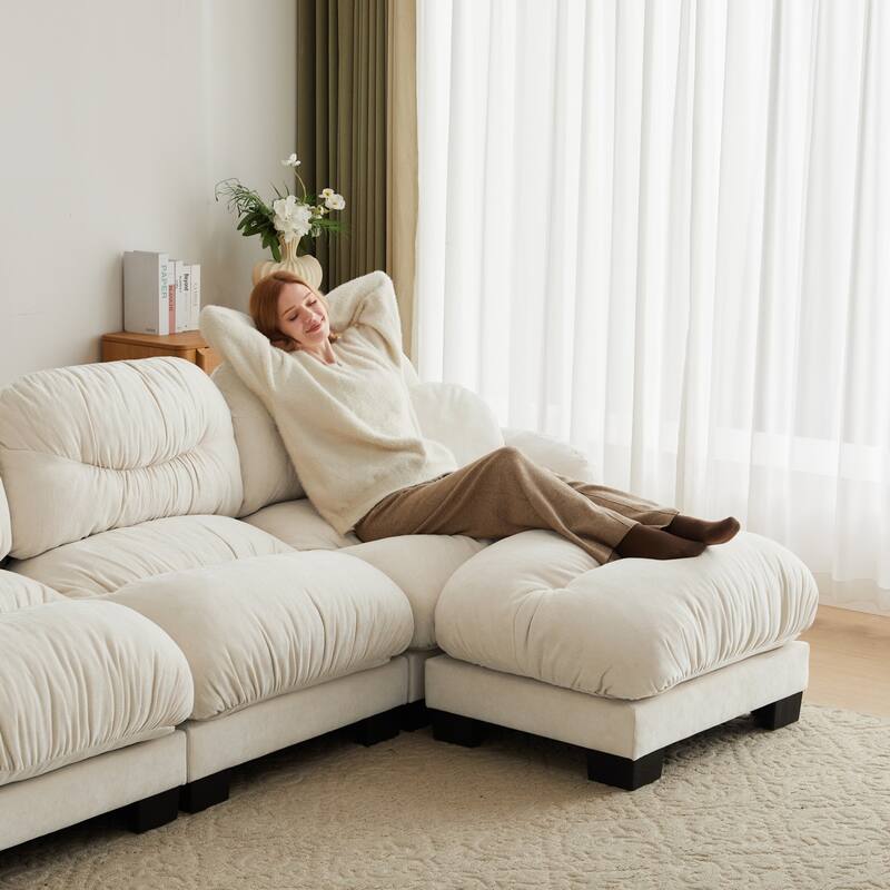 116" Chenille Pleated Design Sectional Sofa with Ottoman and 2 Round Pillows