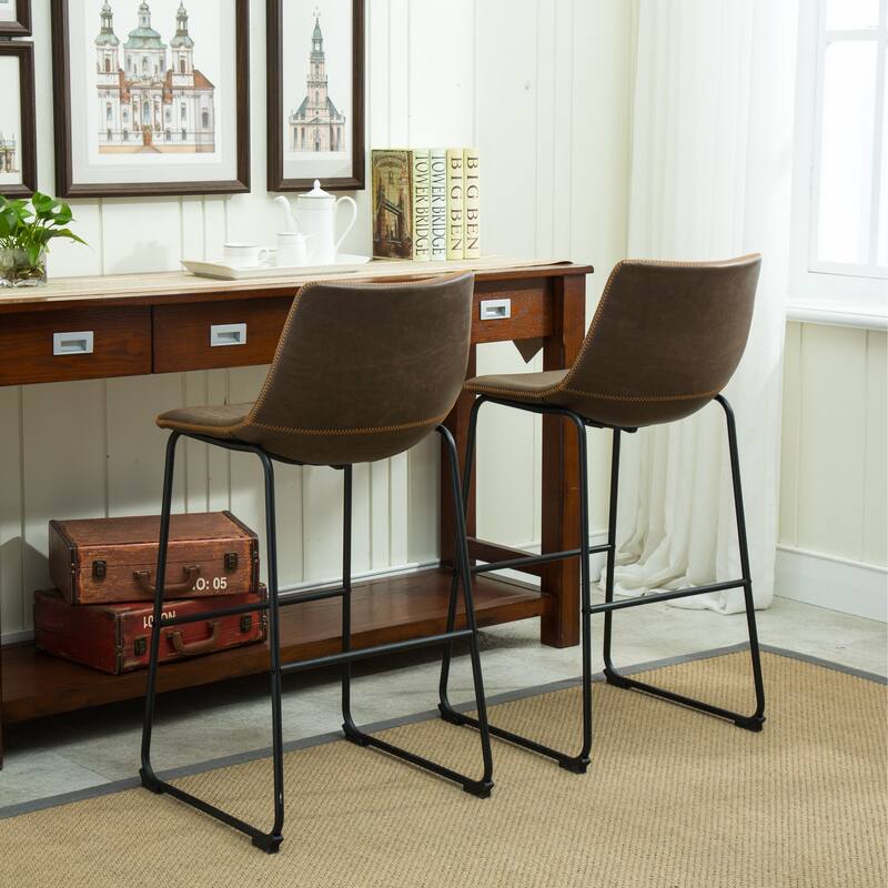 Metal Bar Stools Set of 2, 30 Inch Counter Height Barstools with Footrest, PU Leather Bar Chairs Armless Modern Dining Chairs
