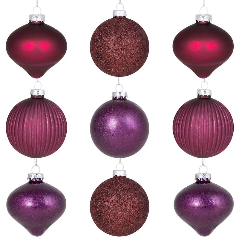 Onion and Glass Ball Christmas Ornaments - 3.25" - Burgundy and Purple - 9ct