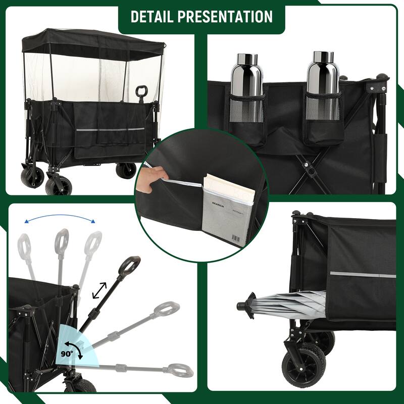 Deluxe 480lb Extended Folding Wagon with Canopy & Mosquito Net - All-Terrain Wheels, Drink Holders & Brakes