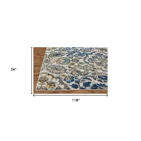 10' Ivory Blue And Green Floral Stain Resistant Runner Rug 3'6" Bed