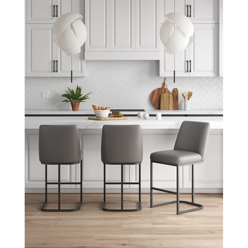Manhattan Comfort Serena Modern Faux Leather Upholstered Counter Barstool - Set of 3 - Grey - Counter Height - 23-28 in.