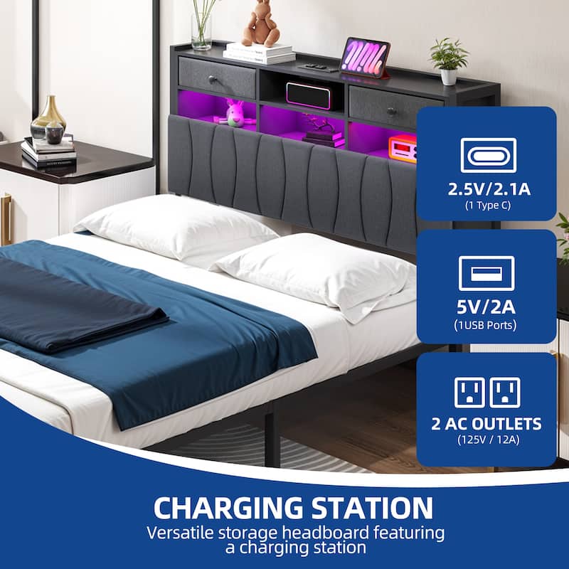Moasis Linen Upholstered Platform Bed, Bed Frame with Hidden Storage Headboard and Charging Station