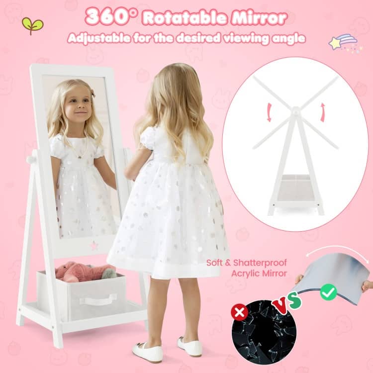 Kids Full Length Wooden Standing Mirror with Bottom Shelf and Foldable Storage Bin-White - 17.5"L x 15.5"W x 44"H