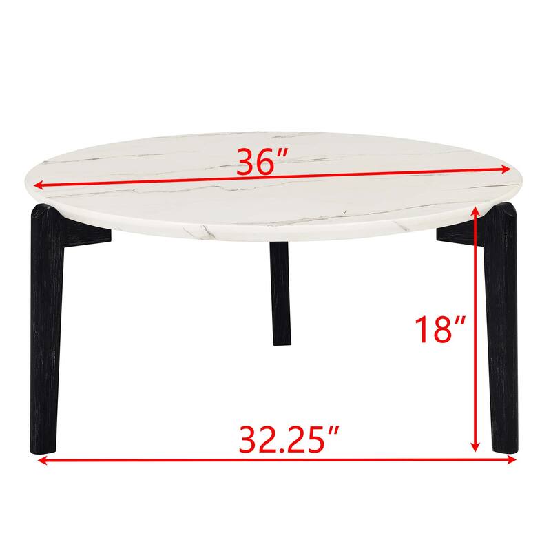 Living Room Coffee Table,36 Inch Round Small Coffee Table,Imitation Marble Tabletop With Rubber Wood Legs,Wooden Coffee Table