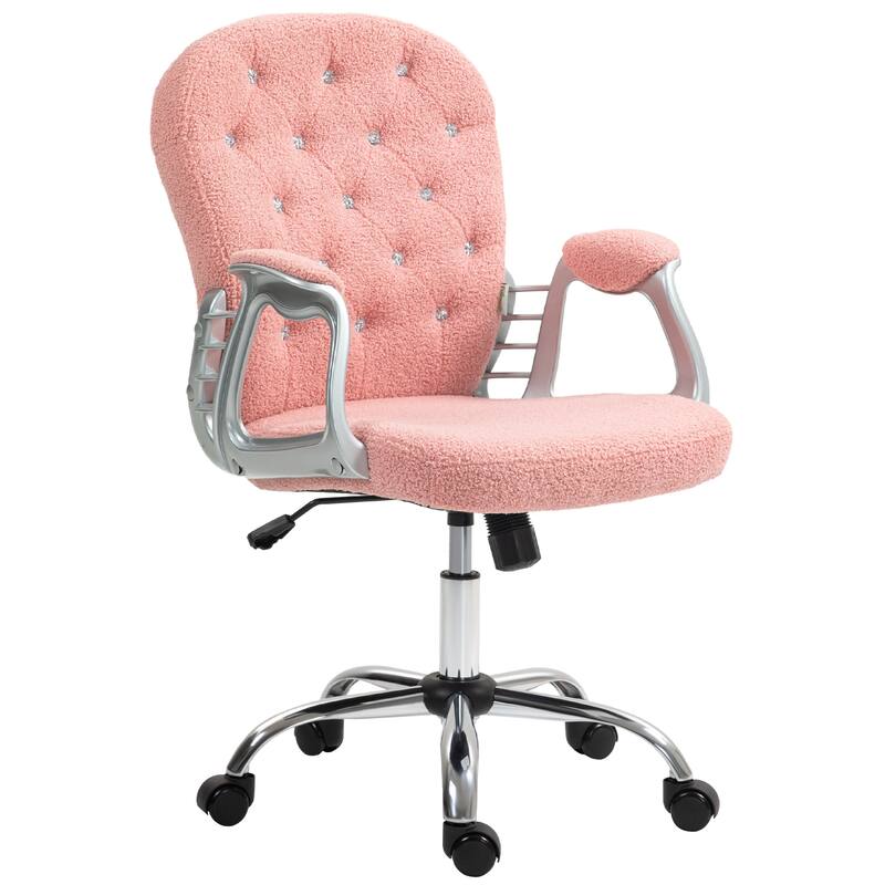 Teddy Fleece Home Office Chair Button Tufted Desk Chair with Padded Armrests, Adjustable Height, for Office, Pink