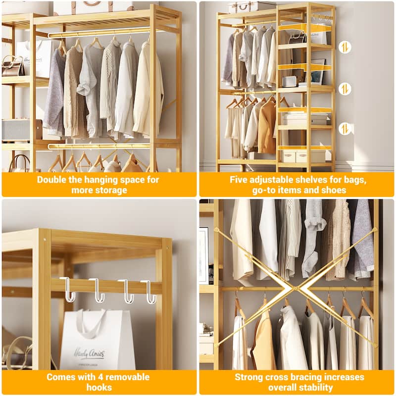 Bamboo Closet System Clothes Rack, Large Freestanding Garment Rack Clothing Rack for Hanging Clothes