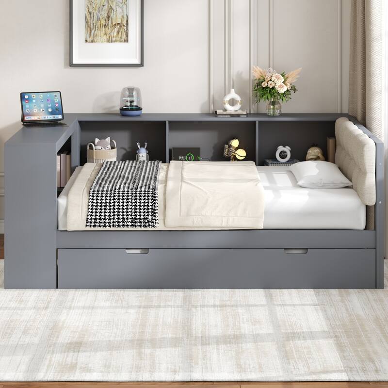 Upholstered Sofa Bed, Wood Daybed, L-shaped Bed Frame with Desk, Shelves, Charging Station, and Optional with Trundle or Drawers
