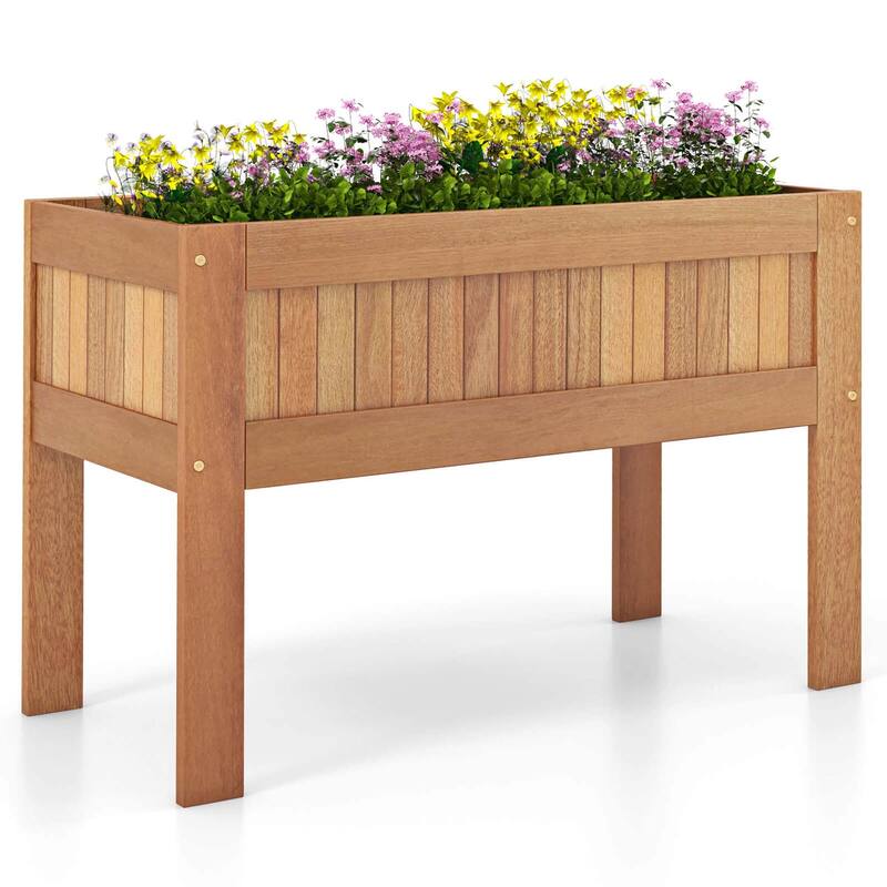 Costway Wooden Elevated Planter Box with Solid Wood Frame & Sturdy - Nature Teak Color - See Details - Nature Teak Color - See Details
