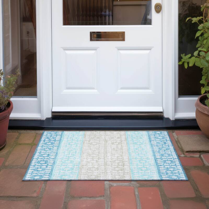 Machine Washable Indoor/ Outdoor Stripe Geo Chantille Rug - Teal - 1'8" x 2'6"