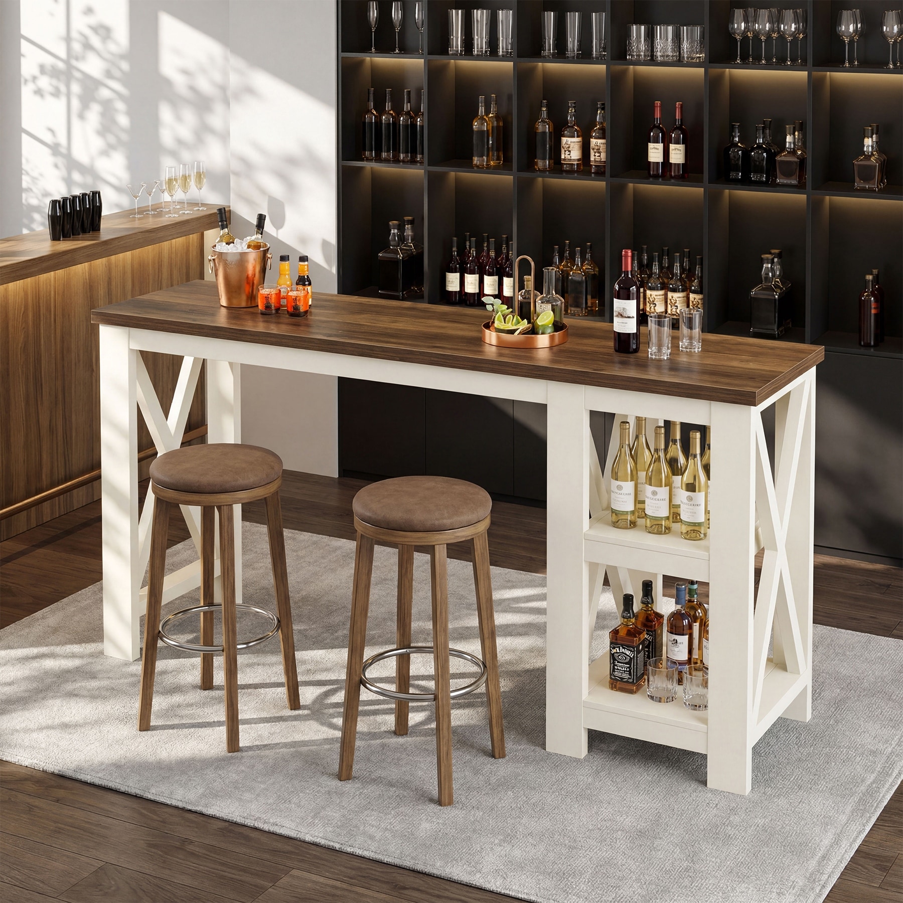 62-Inch Kitchen Island Bar Table with Storage, Counter Height