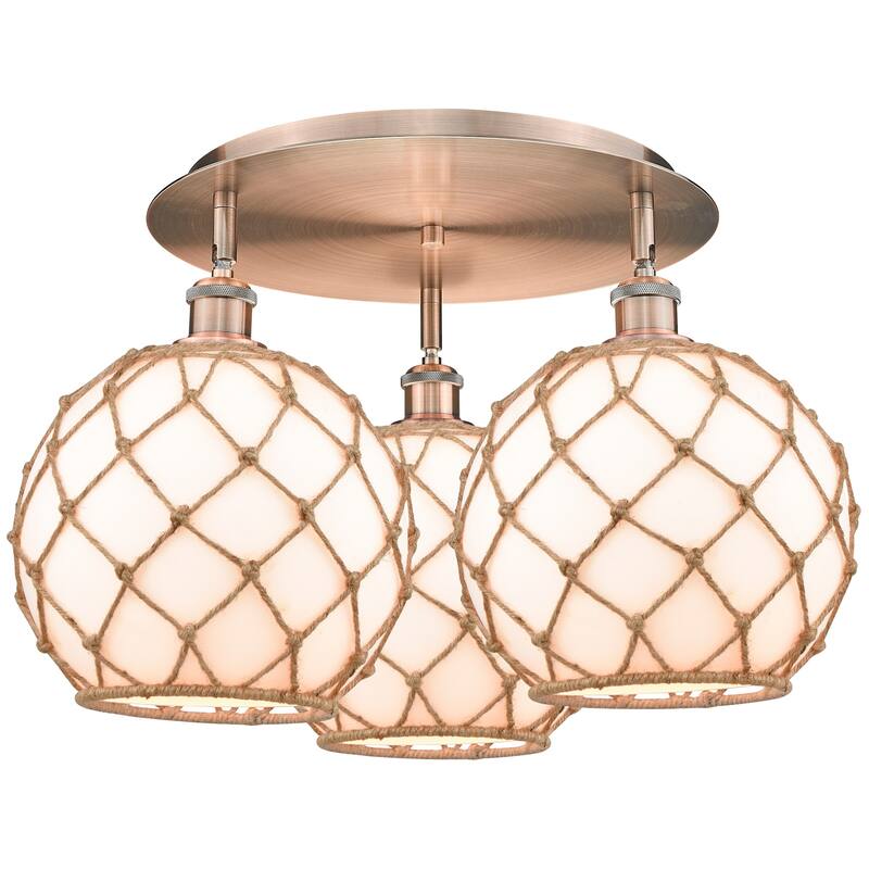 Innovations Lighting 516-3C-14-22 Farmhouse Rope Semi-Flush Farmhouse - Antique Copper / White Glass with Brown Rope
