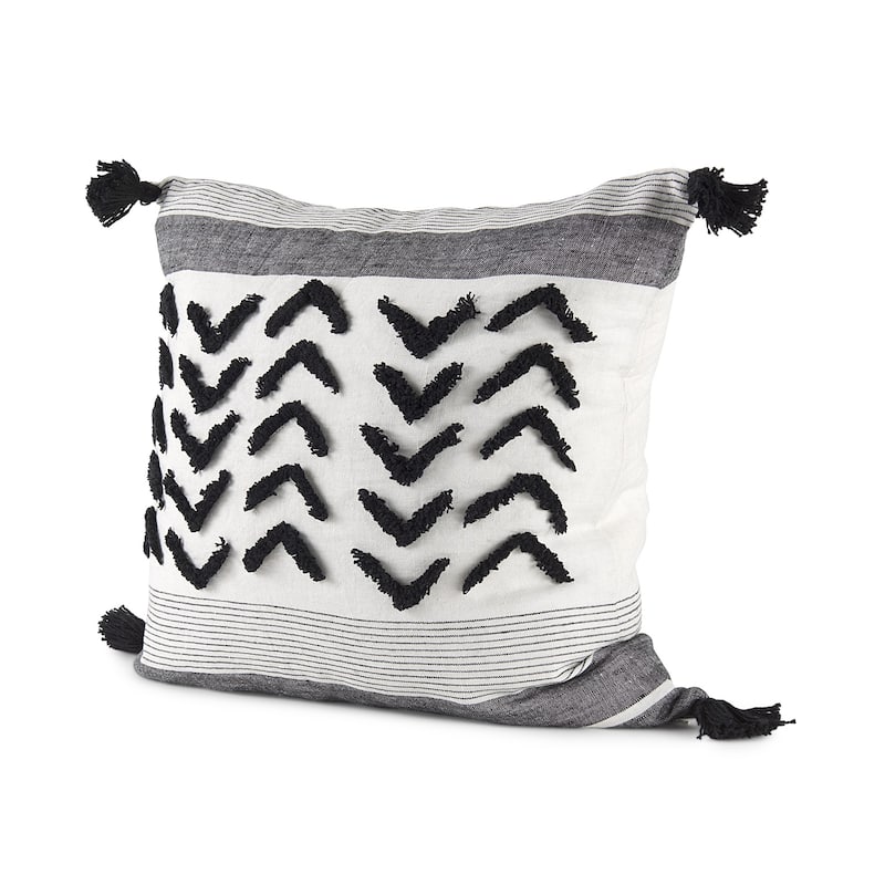 White and Gray Fringed Pillow Cover - 20"W x 20"D x 1"H
