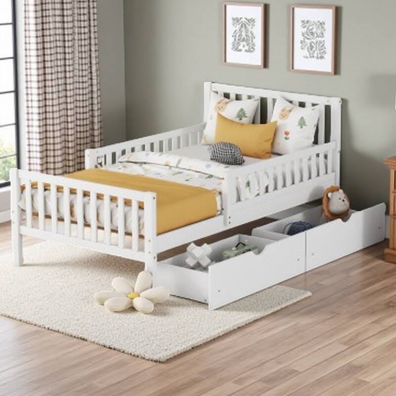 Twin Wooden Platform Bed with Storage Drawers and Side Safety Rails, No Box Spring Required - White