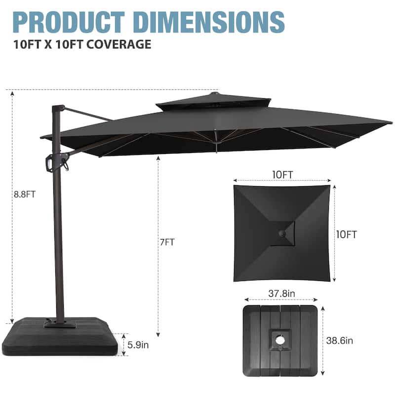 VredHom Patio Outdoor 11 x 11 FT Cantilever-Offset Aluminum Umbrella with Premium Weight Base