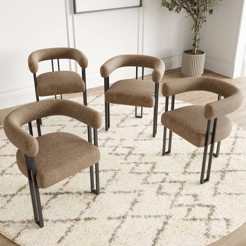 Set of 2 Upholstered Dining Chairs, Bouclé Fabric Accent Chairs with Metal Frame, with Cushioned Seat & Back