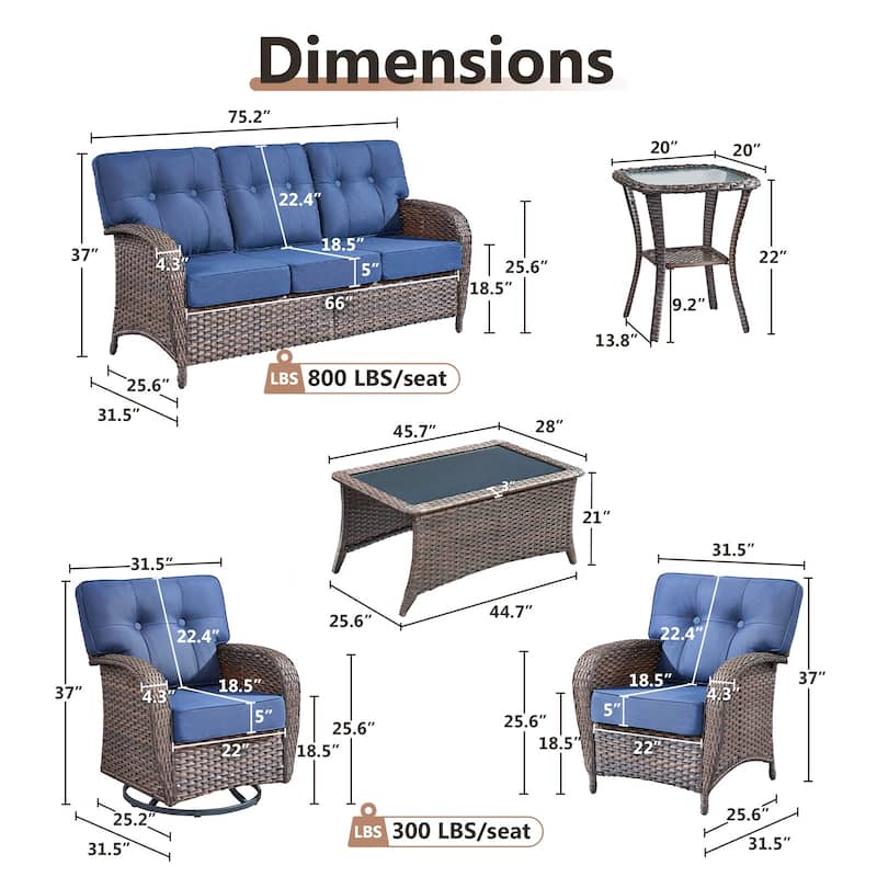 TWrap 7-Piece Patio Brown Wicker Sofa Conversation Set with 5-Inch Thick Cushions