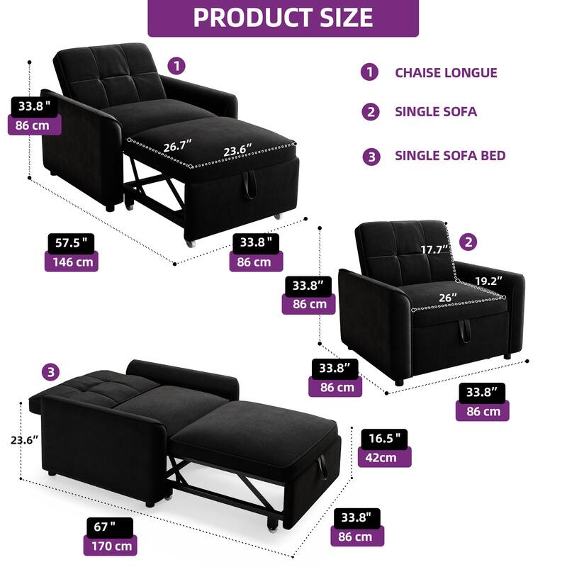 3-in-1 Sleeper Sofa Bed, Pull Out Chair Sofa For Living Room
