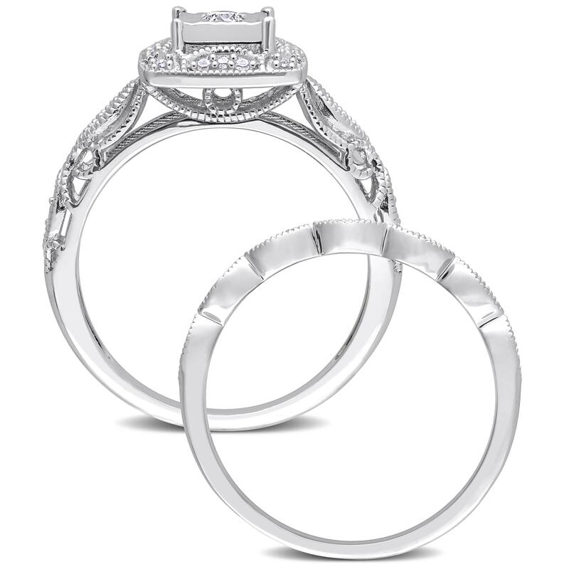 Miadora 1/5ct TDW Diamond Cushion Halo Bridal Ring Set in Sterling Silver