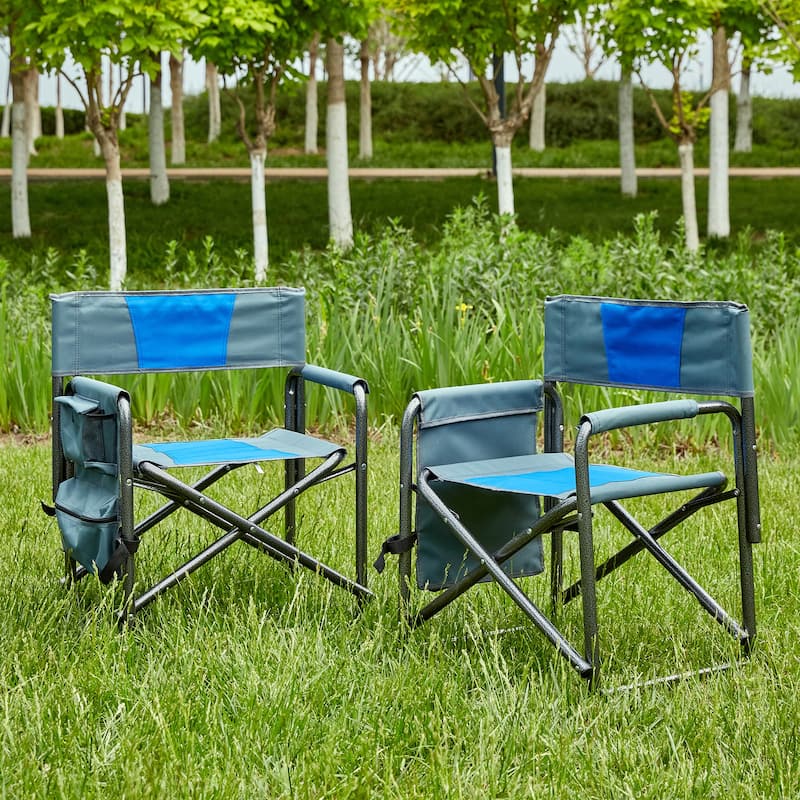 2-piece Padded Folding Outdoor Chair with Storage Pockets - Blue+Grey