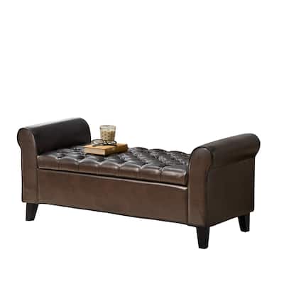 Jacob Ottoman Bench, Brown Faux Leather Button Tufted Seat, 50 Inch
