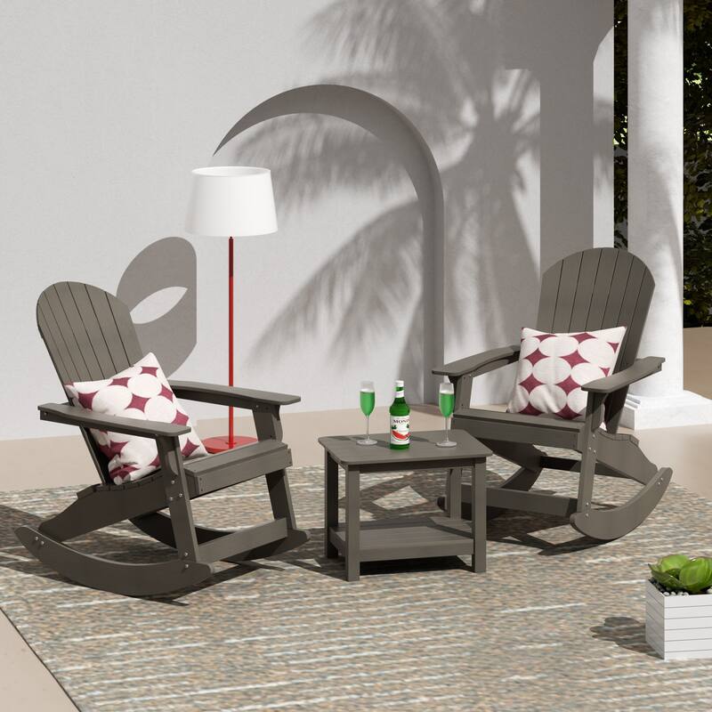 Vineyard HIPS Outdoor Eco-Friendly All Weather Seashell Rocking Adirondack Chairs with Side Table (3-Piece Set) - Charcoal Gray