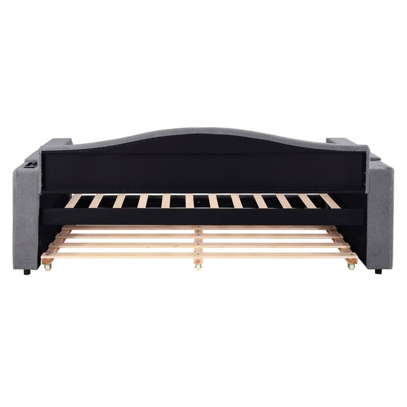 Upholstered Daybed with Storage Armrests,Trundle and Latest Integrated Bluetooth Audio System