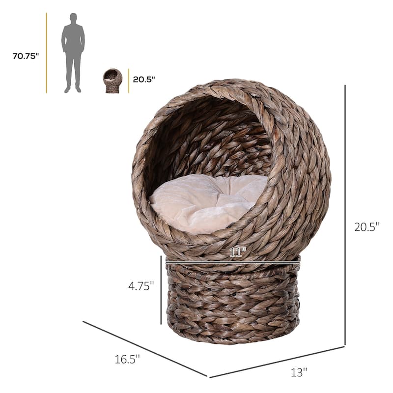 PawHut Handwoven Elevated Cat Bed with Soft Cushion & Cat Egg Chair Shape