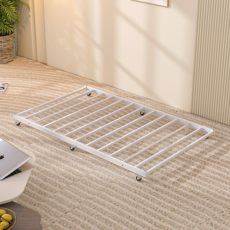 VECELO White Metal Trundle Bed Frame on Wheels with Brakes, Twin Size Space Saving Roll Out Guest Bed No Box Spring Needed