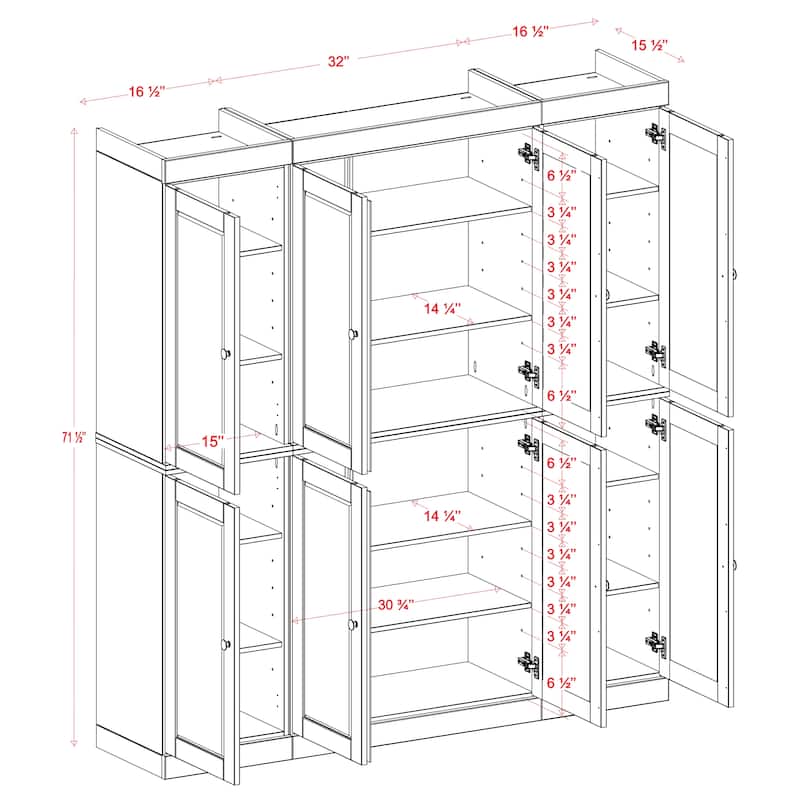 100% Solid Wood Tall Freestanding Kitchen Pantry Cabinet with Doors, Adjustable Shelves, Modular Storage, 65" W x 71.5" H