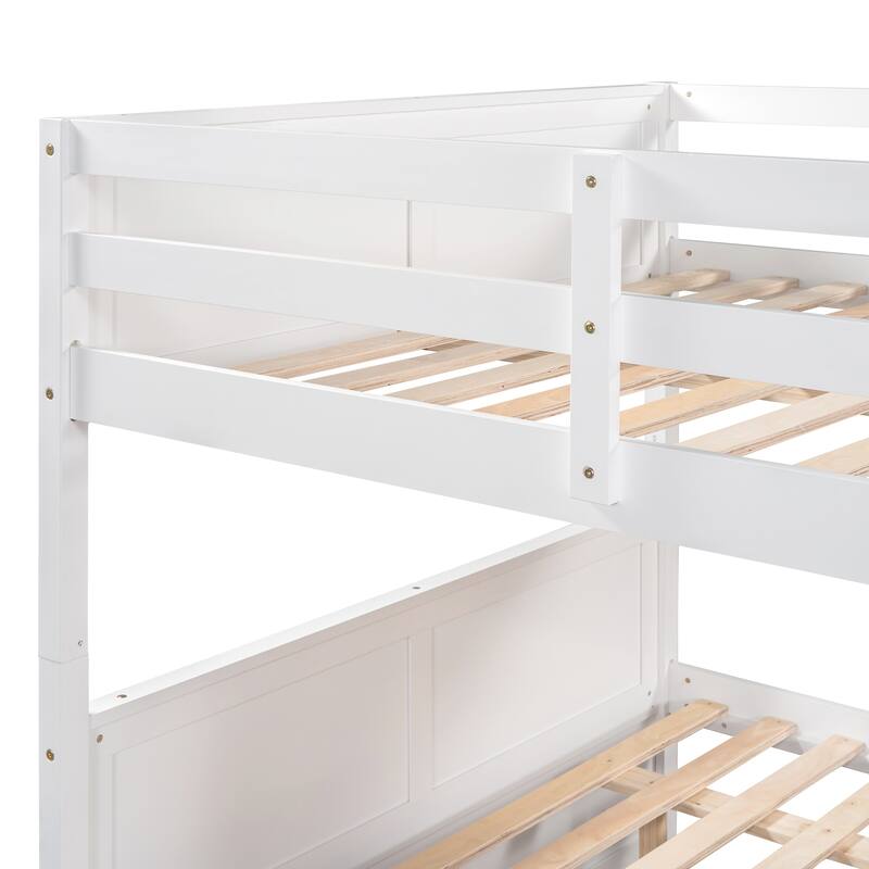 Convertible Wood Full Size Bunk Bed with Trundle & Ladder, Solid Wood Detachable Bunkbeds Frame for 3 Kids, Full Over Full Size