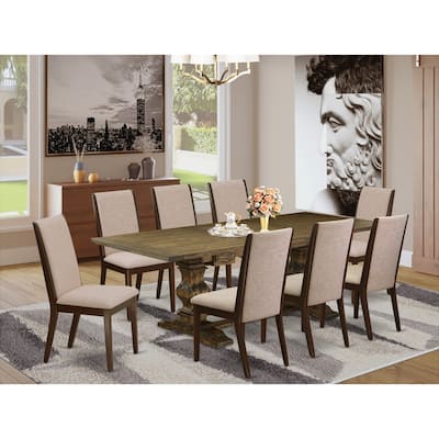 9-Piece Dinette Set - Linen Fabric Dining Chairs & Wood Table - Distressed Jacobean & Mahogany Finish