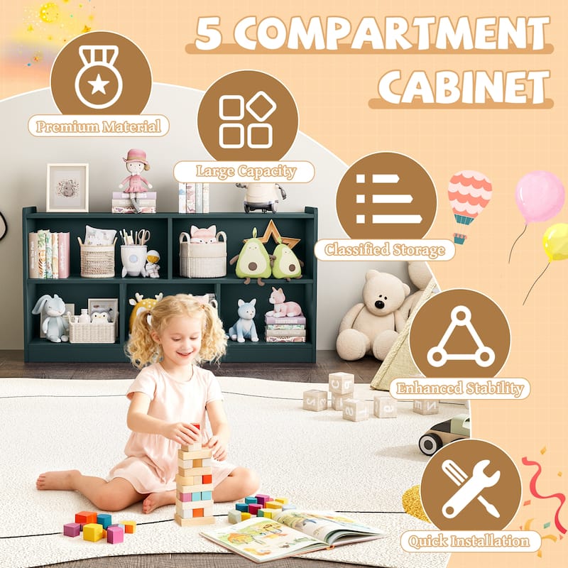 Wooden Storage Cabinet with 5 Sections, Montessori Kids Bookshelf and Toy Organizer for Nursery, Playroom & Classroom