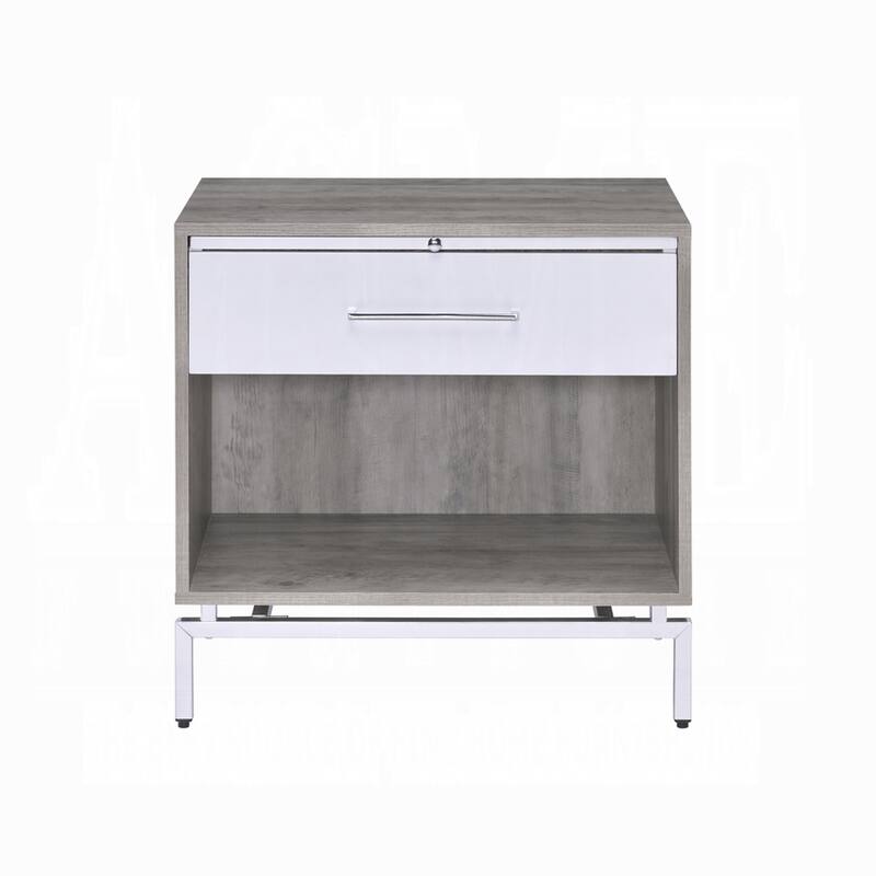 Weathered Gray Oak Nightstand with Drawer and Shelf, White Finish