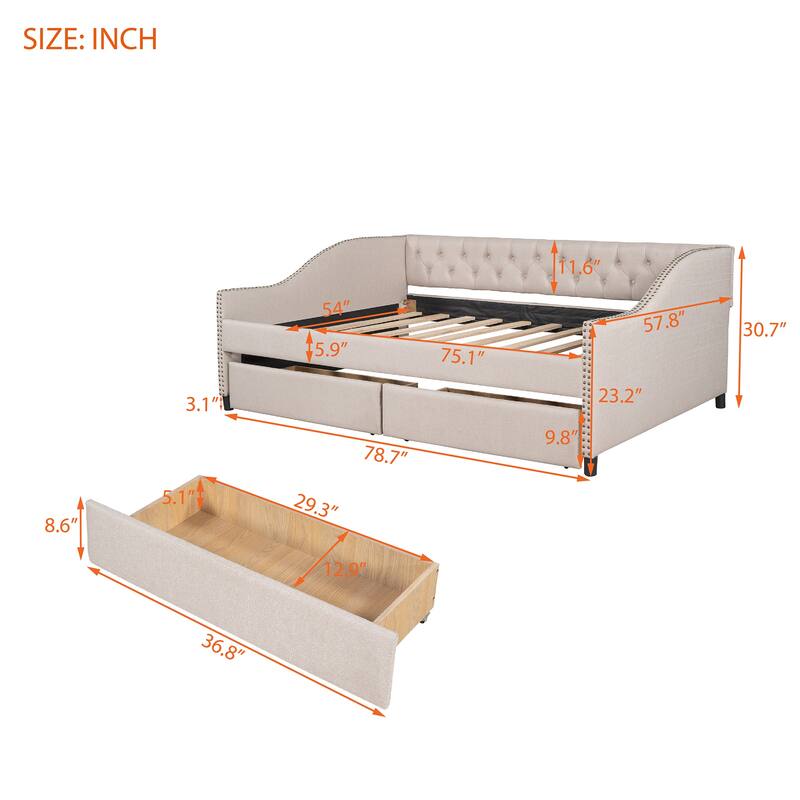 Upholstered daybed with Two Drawers, Wood Slat Support