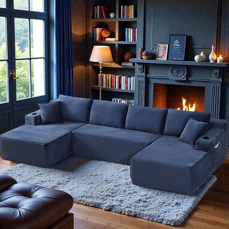 Compressible U-Shaped Modular Sectional Sofa, Corduroy Cloud Couch, 6-Seat Minimalist Living Room Sofa