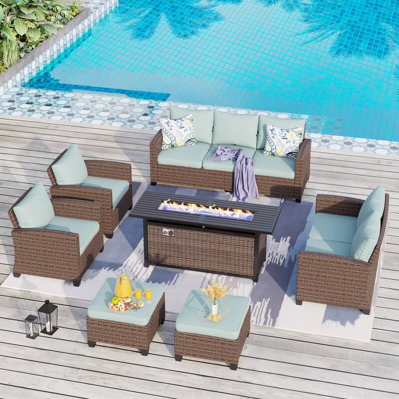 9-Seat Patio Furniture Wicker Rattan Outdoor High-back Sectional Sofa Conversation Set with Firepit Table