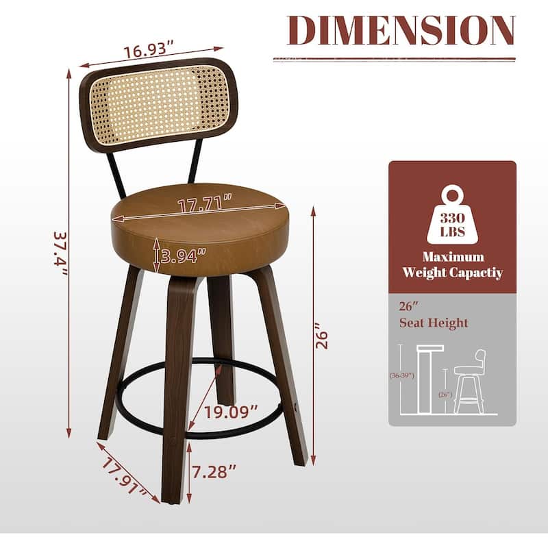 XINMICS 26 Inches Swivel Counter Height Bar Stools with PE Rattan Back, Faux Leather Upholstered Bar Chairs, Set of 2/3/4