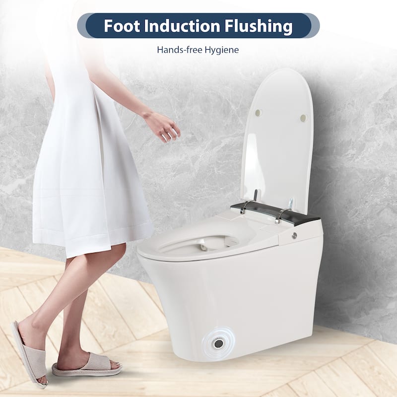 Heated Seat Smart Toilet, One Piece Toilet, Automatic Flush Tankless Toilet without Bidet, with Foot sensor Flush - White+gray