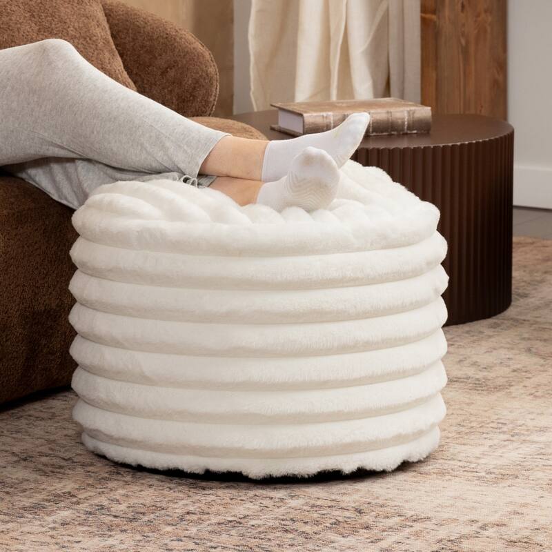 Plush Faux Fur Ribbed Pouf Ottoman - 22" - Cream