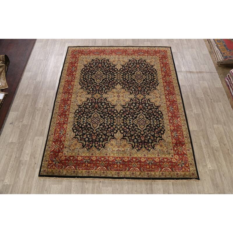 Vegetable Dye Floral Kashan Wool Area Rug Hand-knotted Oriental Carpet - 7'10" x 9'10"