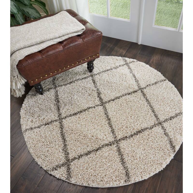 Nourison Brisbane Large Diamond Geometric Modern Shag Area Rug - 5' Round - Cream - Runner/Round