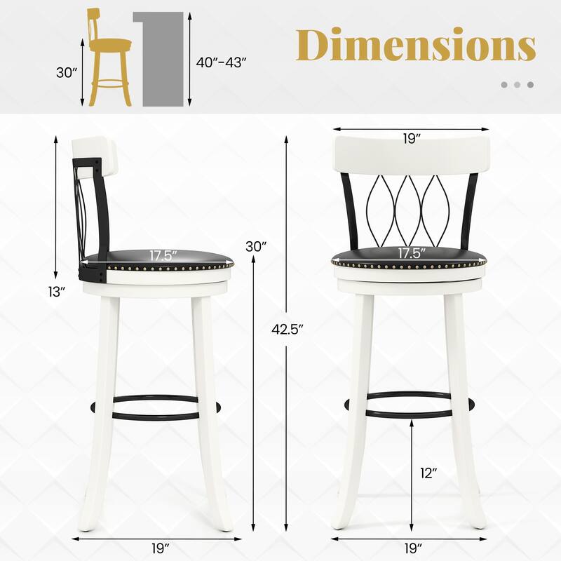 Set of 2 Swivel Bar Stools with Backrest and Tufted Faux Leather Seat for Kitchen Island