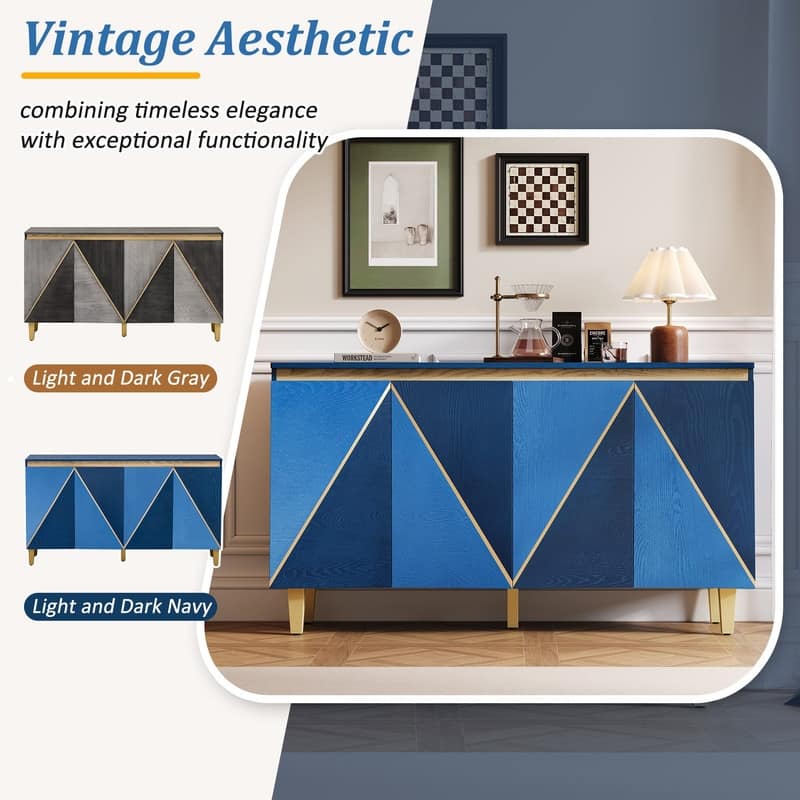 Retro 60" Buffet Cabinet with Storage, Vintage Sideboard with Dimensional Effect 4-Door