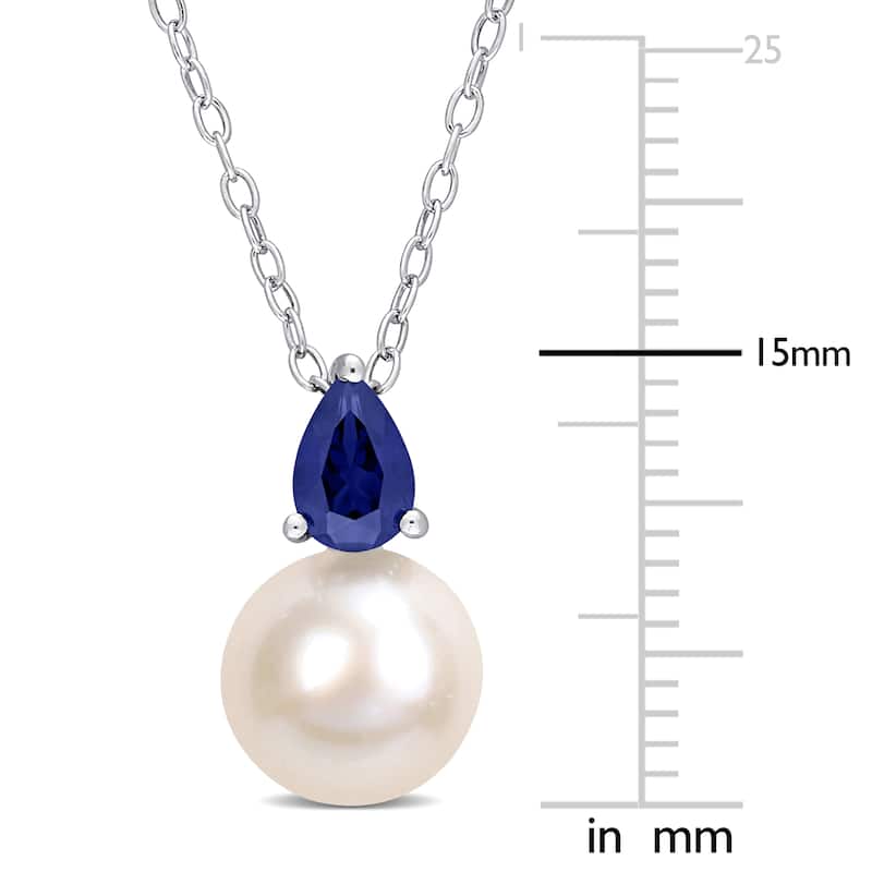 Miadora 8.5-9mm White Cultured Freshwater Pearl and 5/8ct TGW Created Blue Sapphire Necklace in Sterling Silver