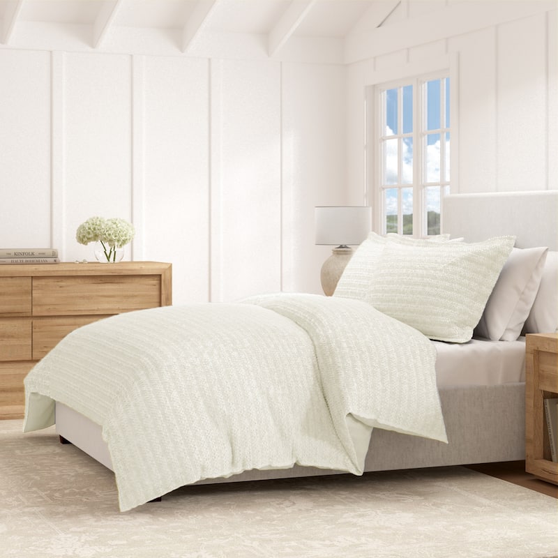 Linery & Co. 100% Cotton Reversible Honeycomb Waffle / Percale Duvet Cover Set - Natural - King