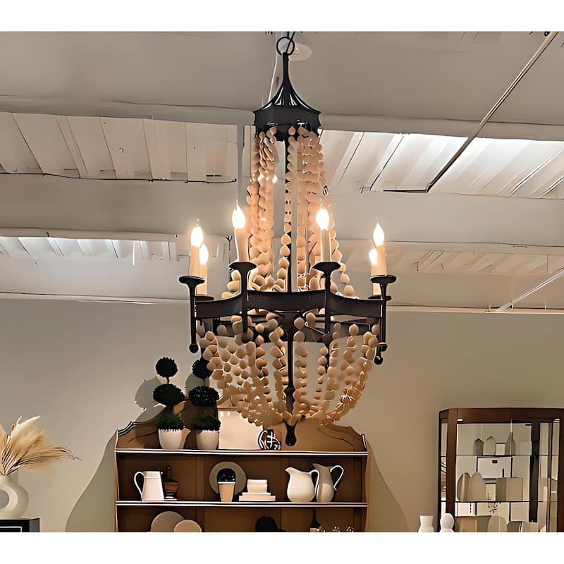 8 - Light Retro Empire Conical Wood Bead Chandelier